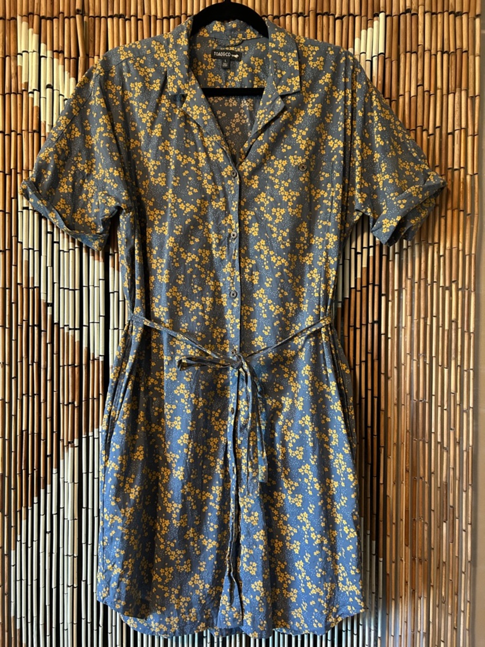 Toad &CO Blue Short Sleeve Shirt Dress with Yellow Floral Print